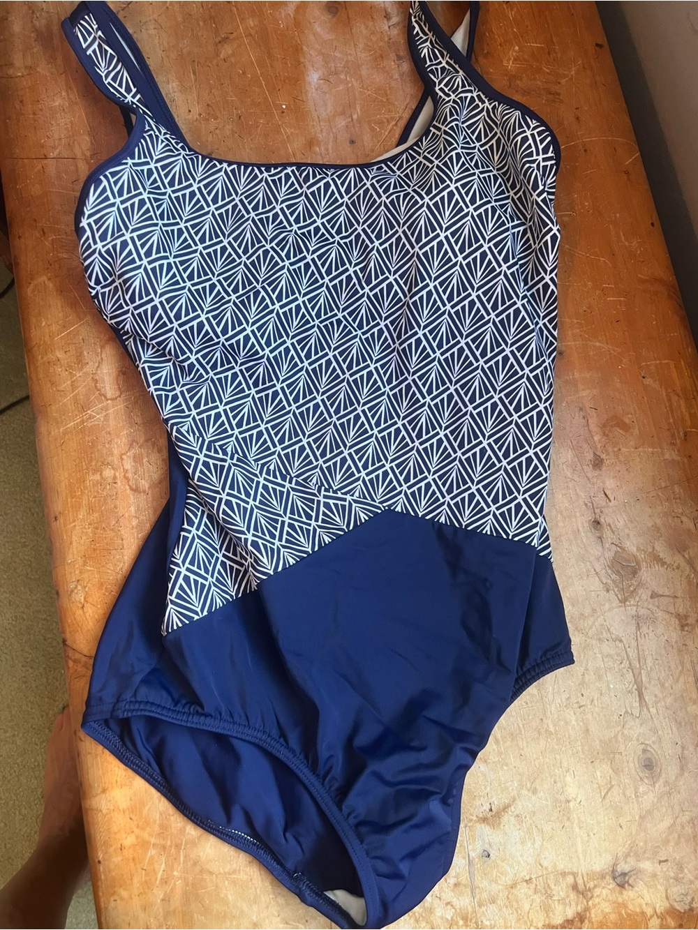 Lands' End Navy and White Geometric One-Piece Swimsuit — Classic Scoop